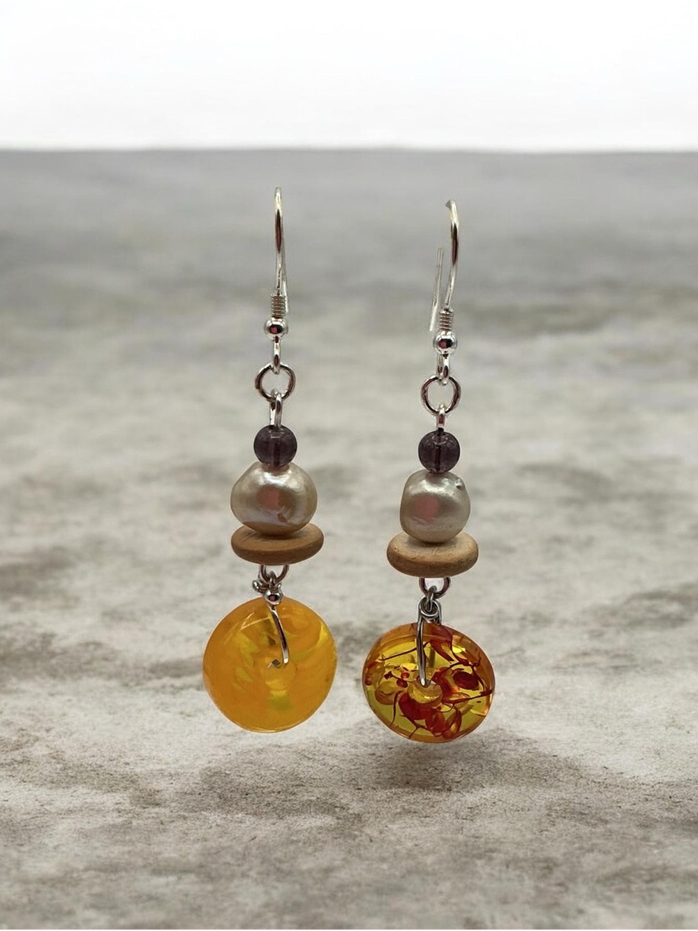 Amber Drop Earrings with Pearl and Quartz Accents